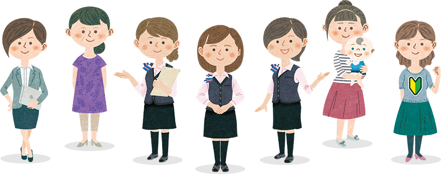 さまざまなタイプの医療事務スタッフのイラスト｜日本データー医療事務求人サイト